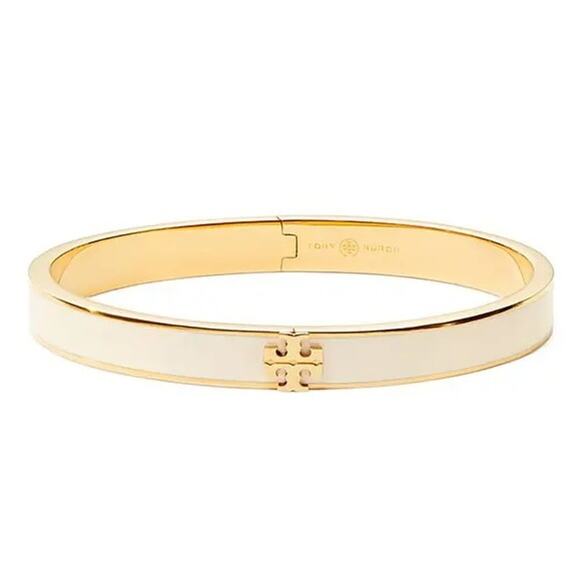 NEW Tory Burch Kira Enamel Bangle Bracelet 7mm Tory Gold New Ivory Basic Classic - Picture 1 of 6